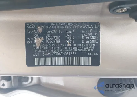 2007 Hyundai Santa Fe Gls из США, поврежденный, VIN 5NMSG73D67H061732